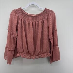 La Miel Rose Brown Swiss Dot Bell Sleeve Blouse